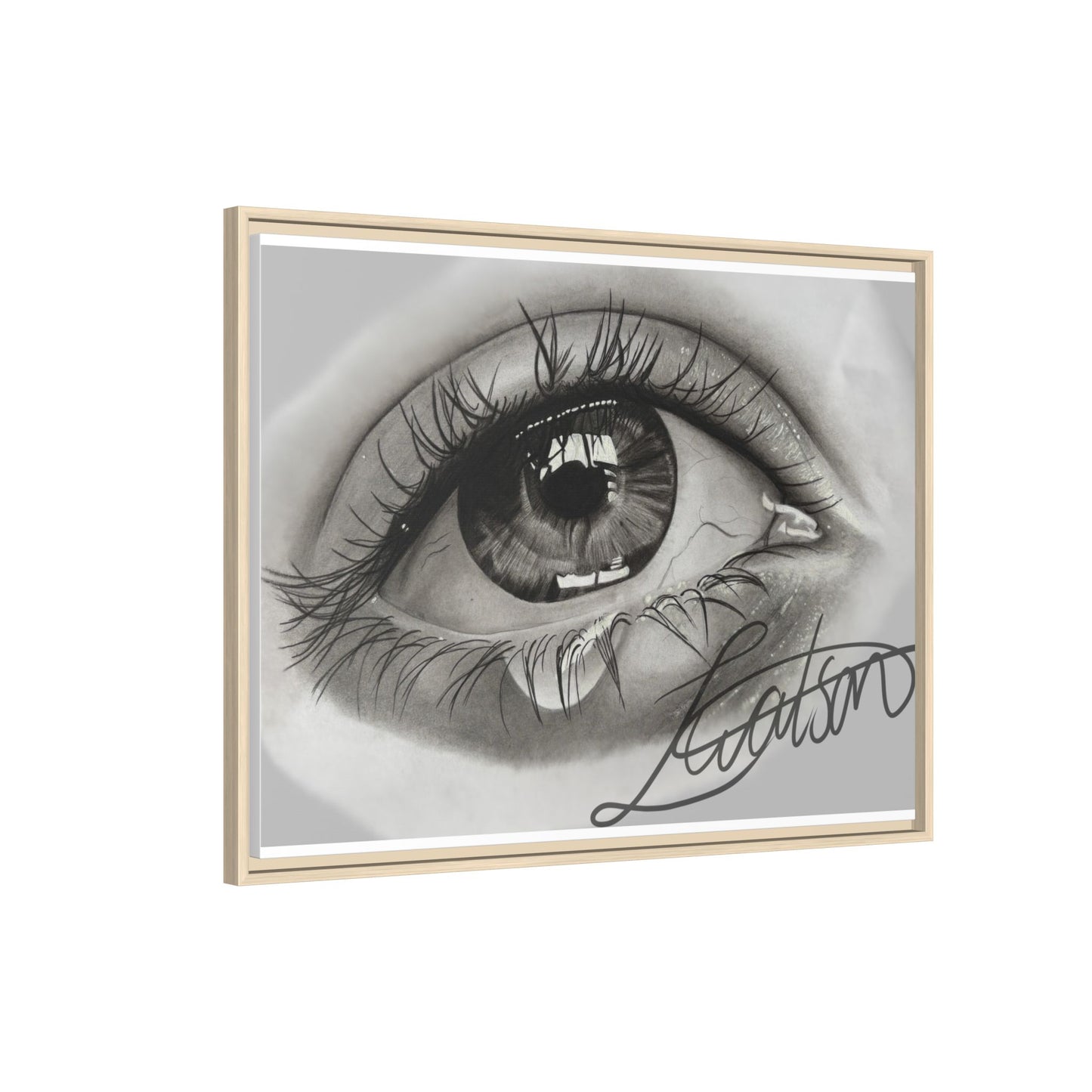 Gerahmte Leinwandkunst – Realistisches Auge mit tränenförmiger Signatur