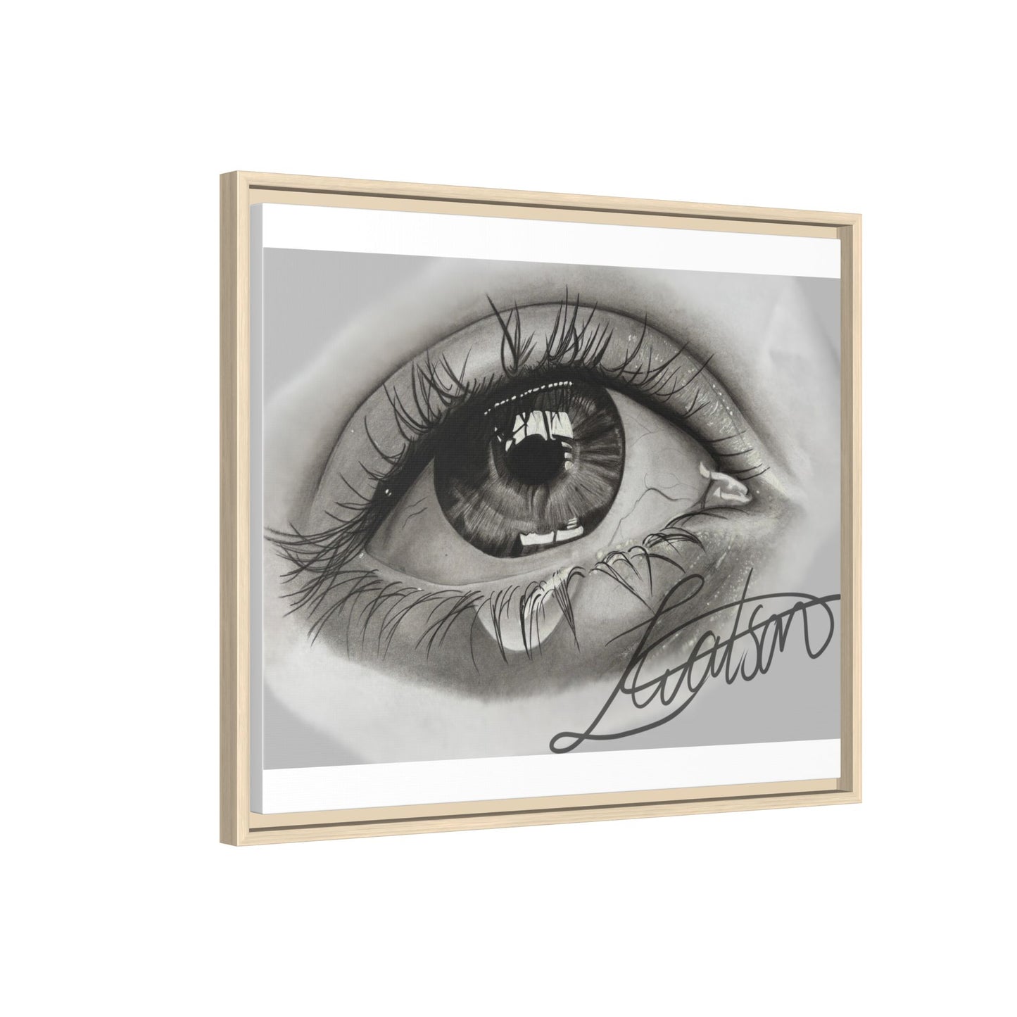 Gerahmte Leinwandkunst – Realistisches Auge mit tränenförmiger Signatur