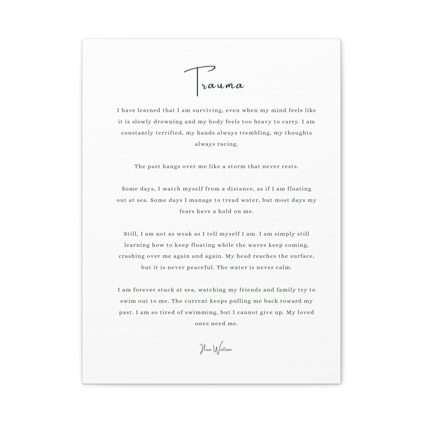 Trauma-Gedicht mattes Leinwandbild – aufgespannt, 3,18 cm Wandkunst