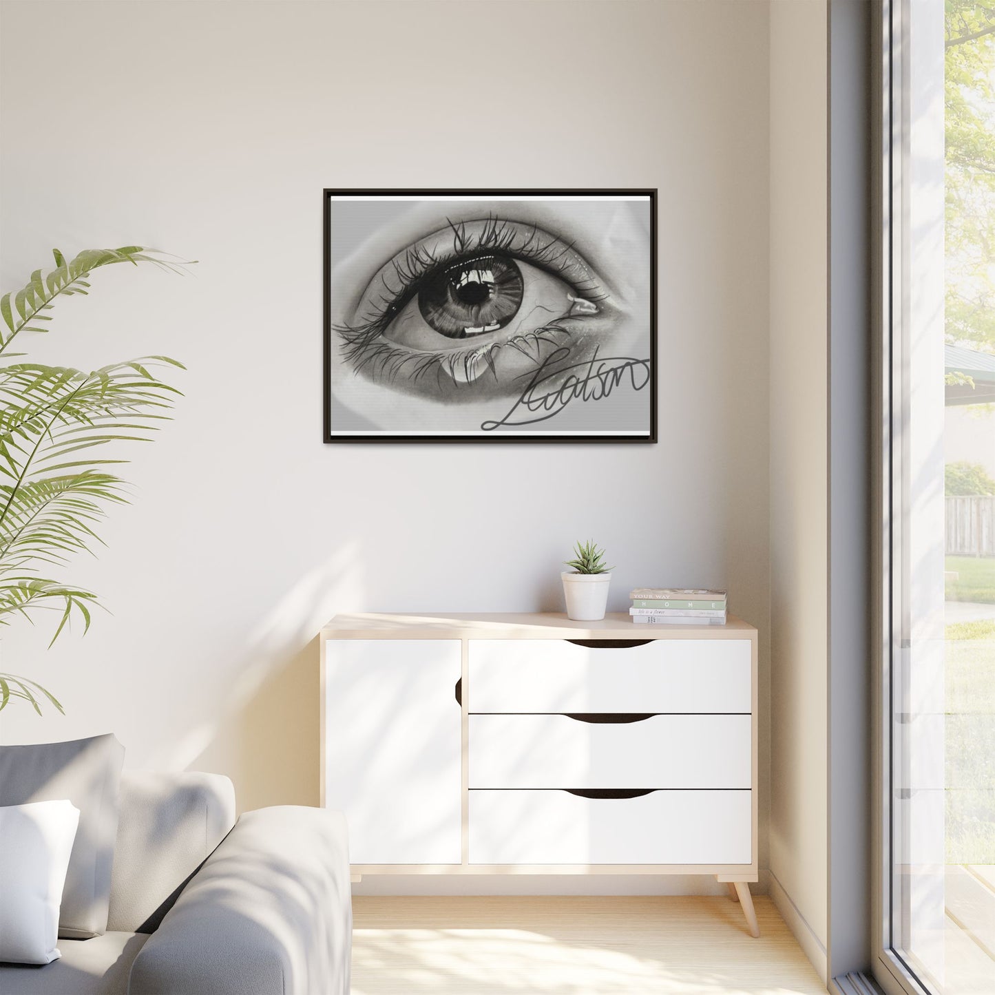 Gerahmte Leinwandkunst – Realistisches Auge mit tränenförmiger Signatur
