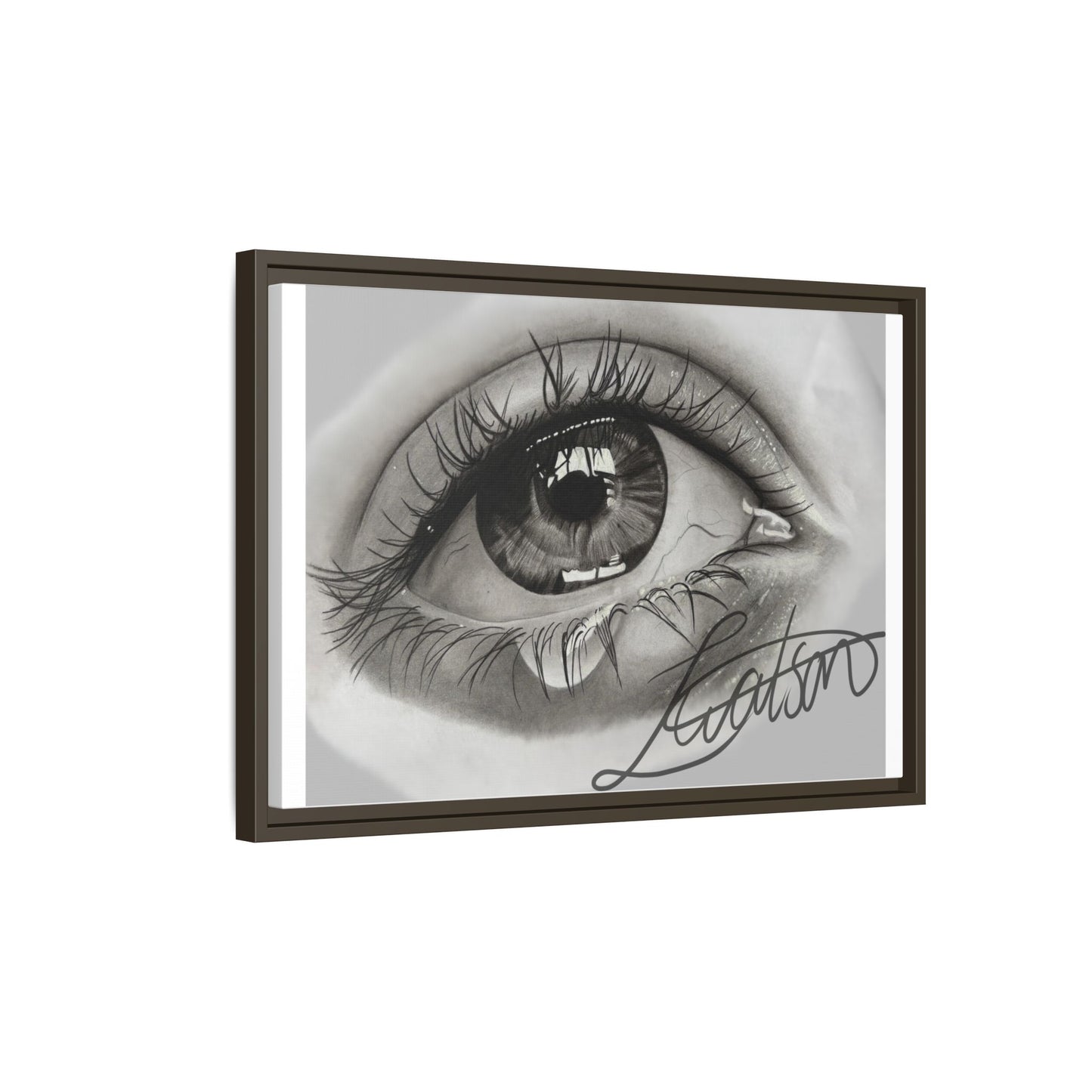Gerahmte Leinwandkunst – Realistisches Auge mit tränenförmiger Signatur