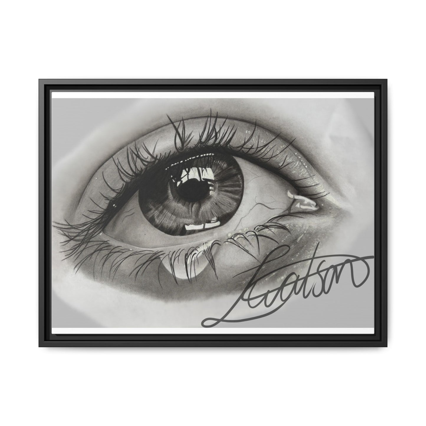 Gerahmte Leinwandkunst – Realistisches Auge mit tränenförmiger Signatur