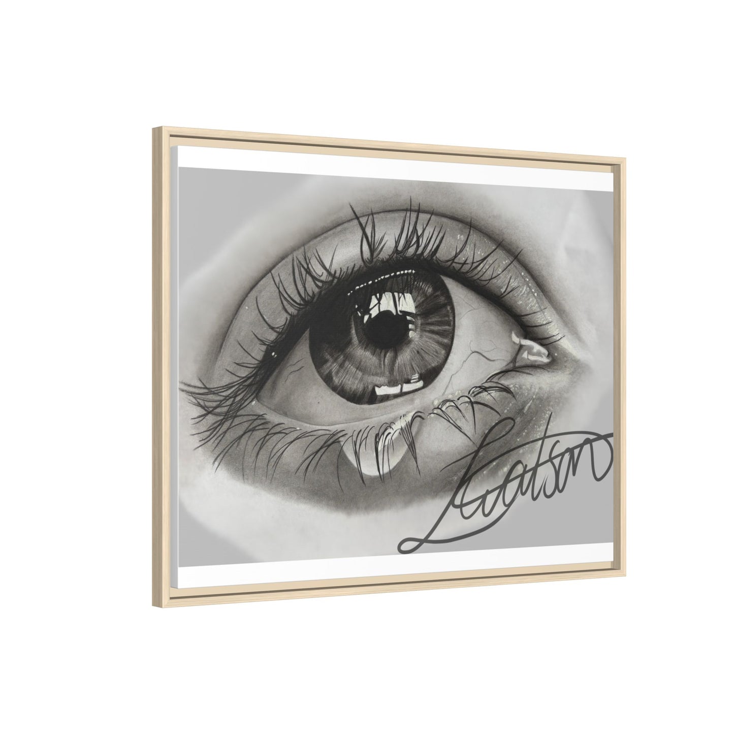 Gerahmte Leinwandkunst – Realistisches Auge mit tränenförmiger Signatur