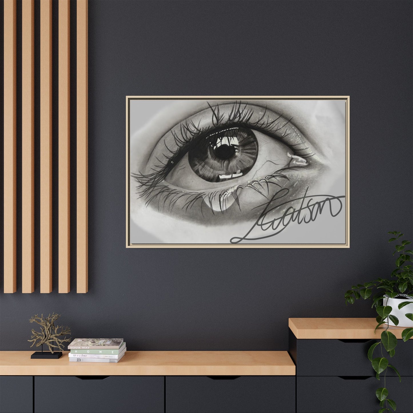 Gerahmte Leinwandkunst – Realistisches Auge mit tränenförmiger Signatur