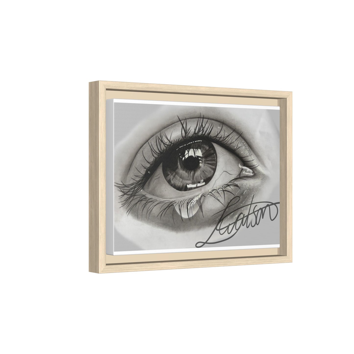 Gerahmte Leinwandkunst – Realistisches Auge mit tränenförmiger Signatur