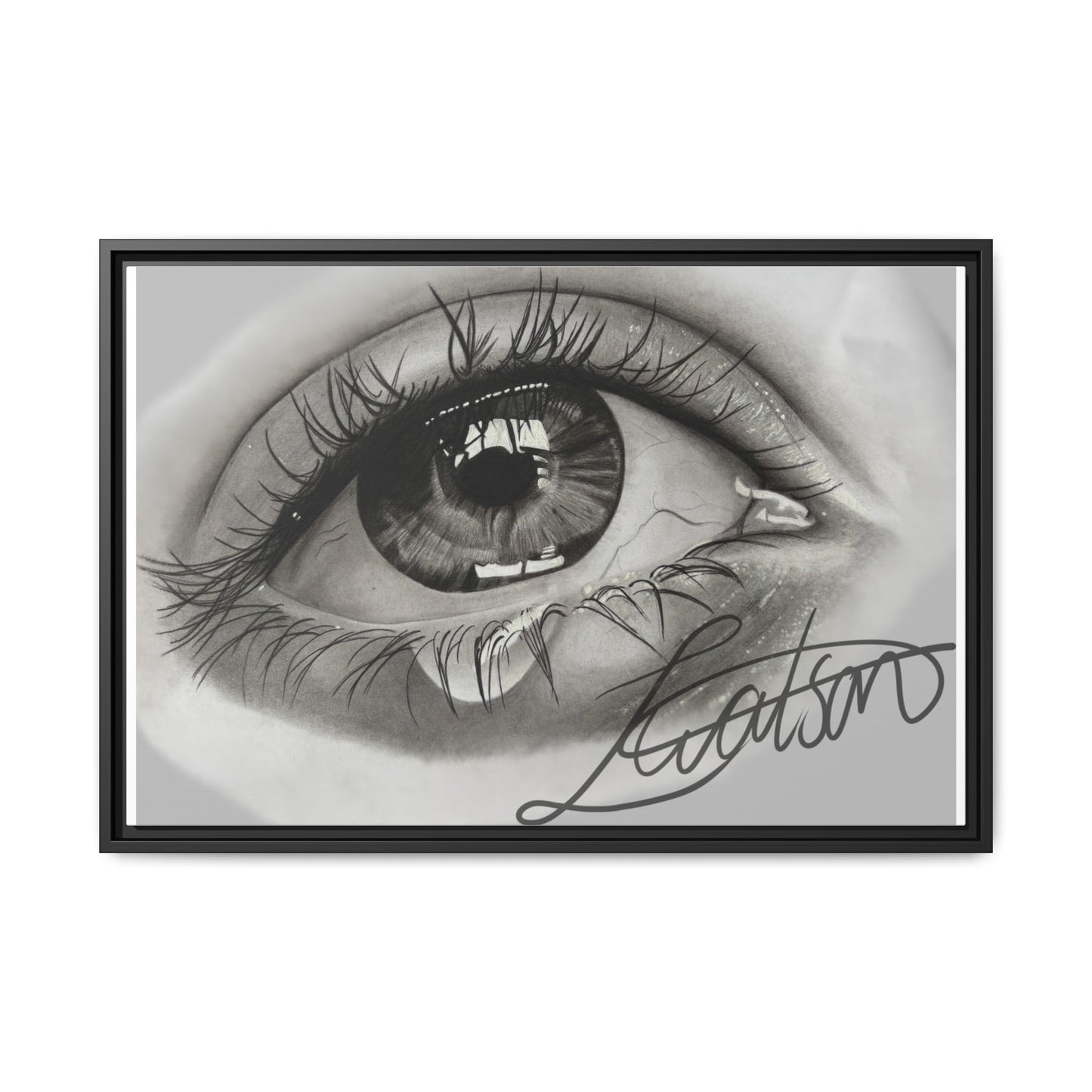 Gerahmte Leinwandkunst – Realistisches Auge mit tränenförmiger Signatur