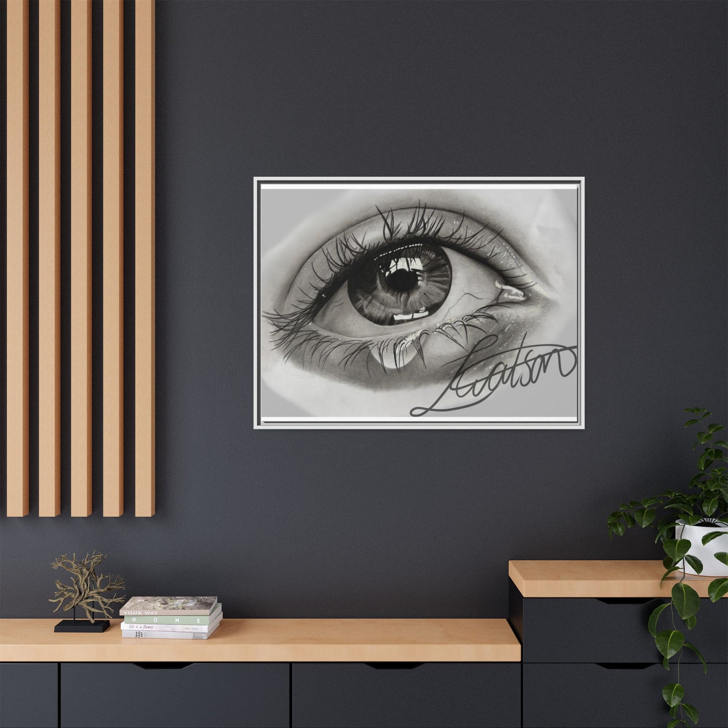 Gerahmte Leinwandkunst – Realistisches Auge mit tränenförmiger Signatur