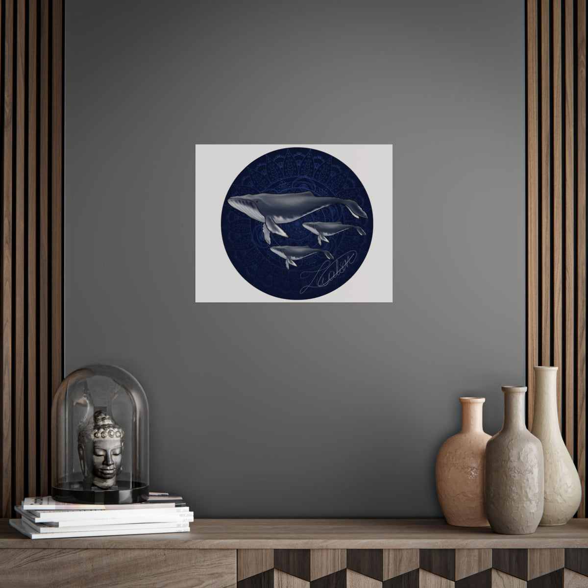 Whale Family Poster — Navy Mandala Ocean Art Print