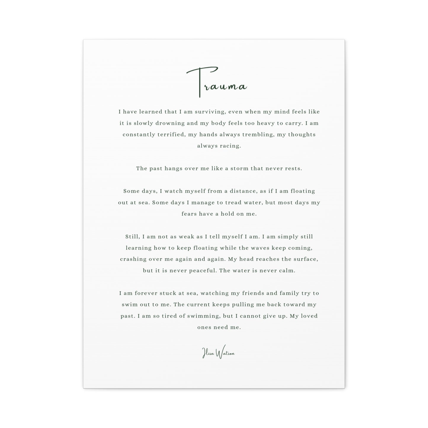 Trauma-Gedicht mattes Leinwandbild – aufgespannt, 3,18 cm Wandkunst