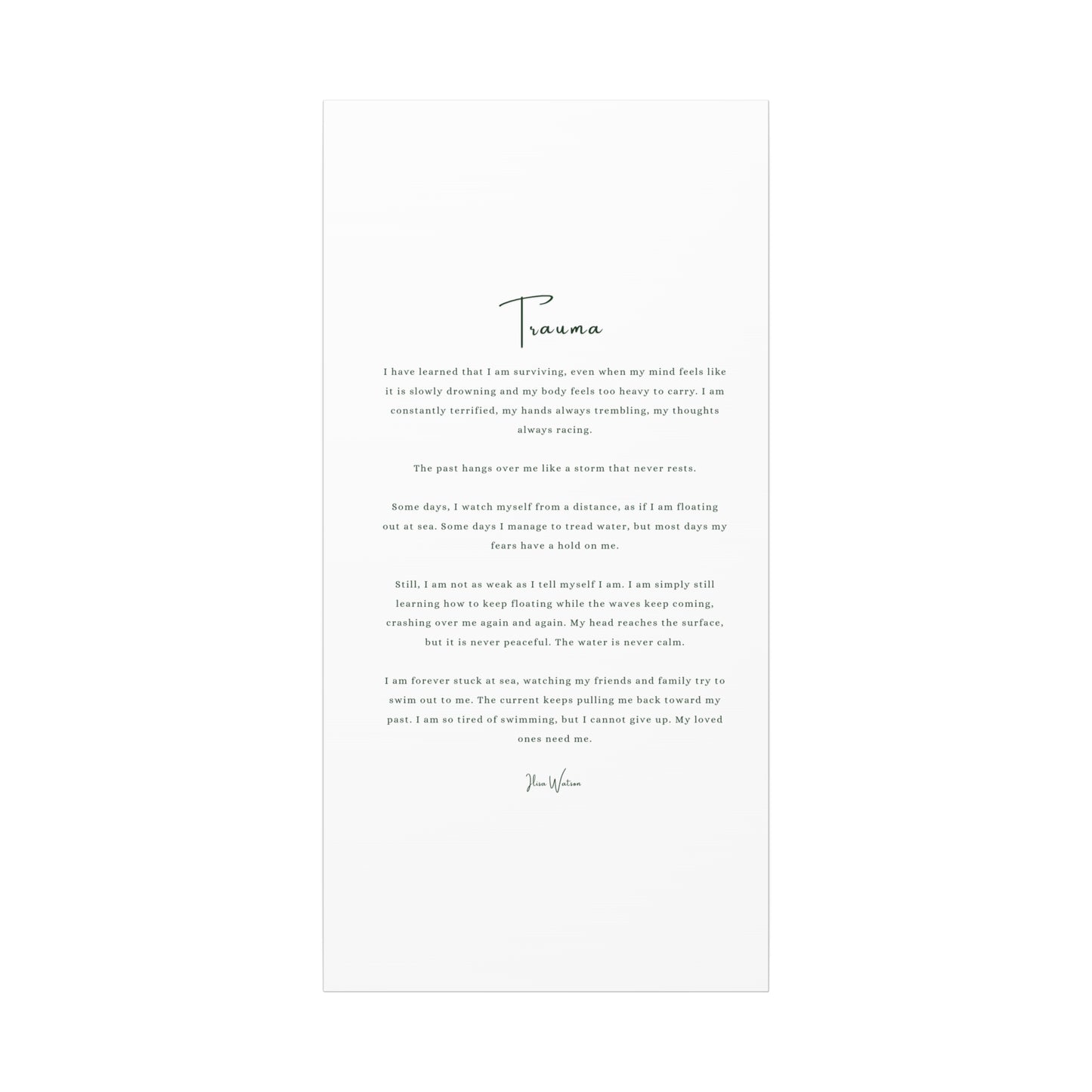 Trauma-Gedicht mattes Leinwandbild – aufgespannt, 3,18 cm Wandkunst
