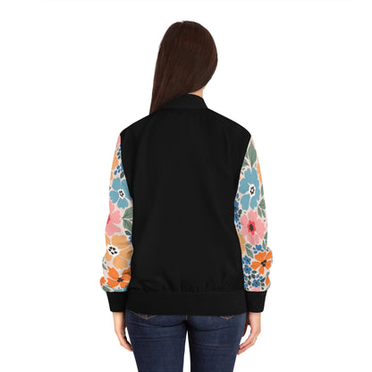 Floral Sleeve Women's Bomber Jacket - Pastel Garden Print
