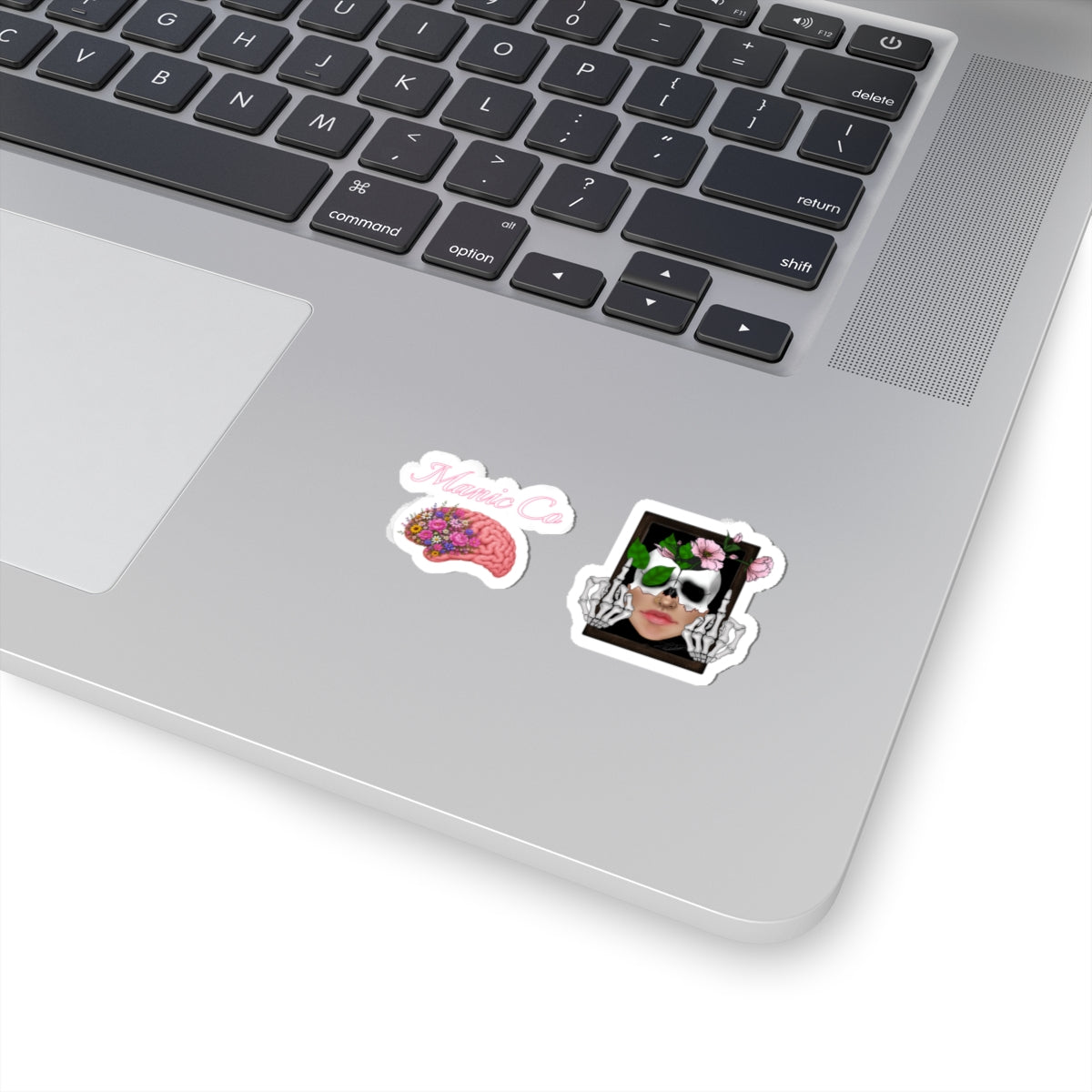 Blumen-Totenkopf- & Gehirn-Kiss-Cut-Aufkleber-Set — Ausgefallene gotische Blumen-Laptop-Aufkleber