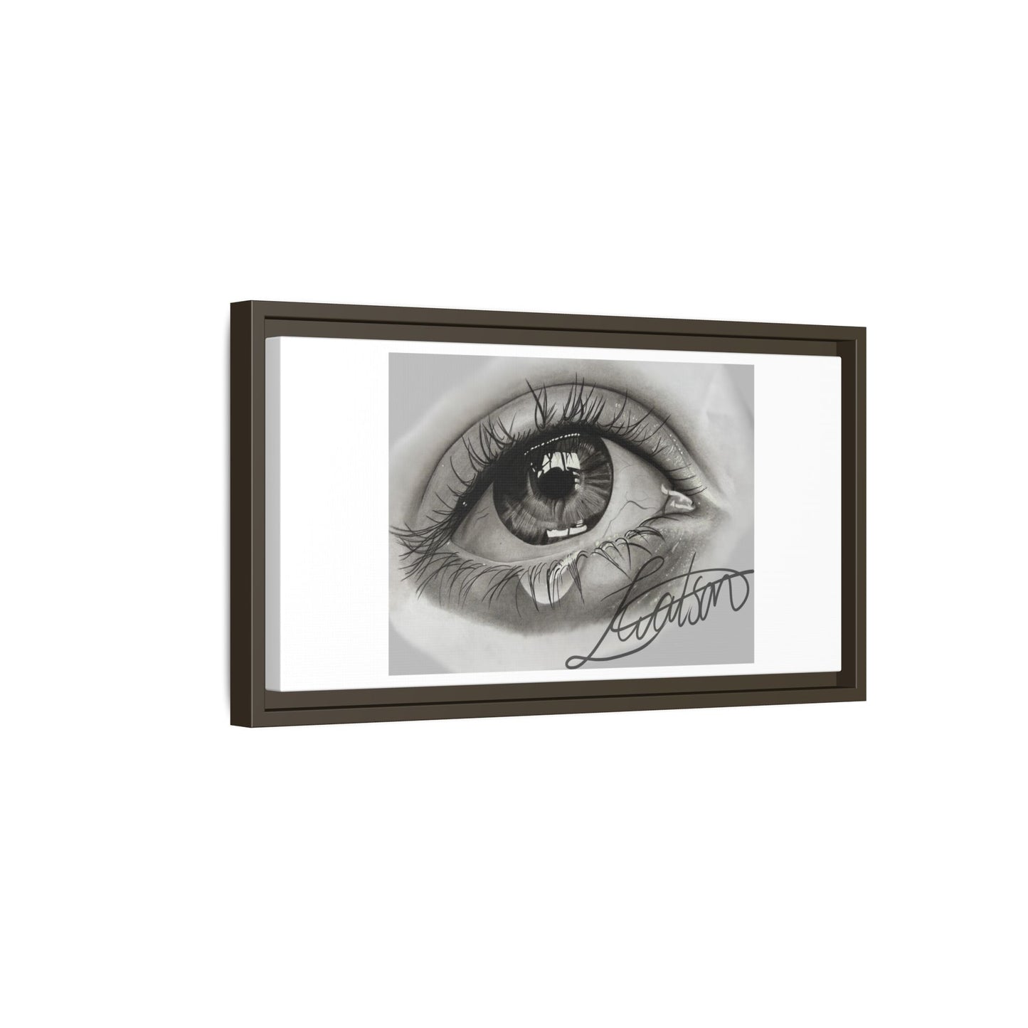 Gerahmte Leinwandkunst – Realistisches Auge mit tränenförmiger Signatur