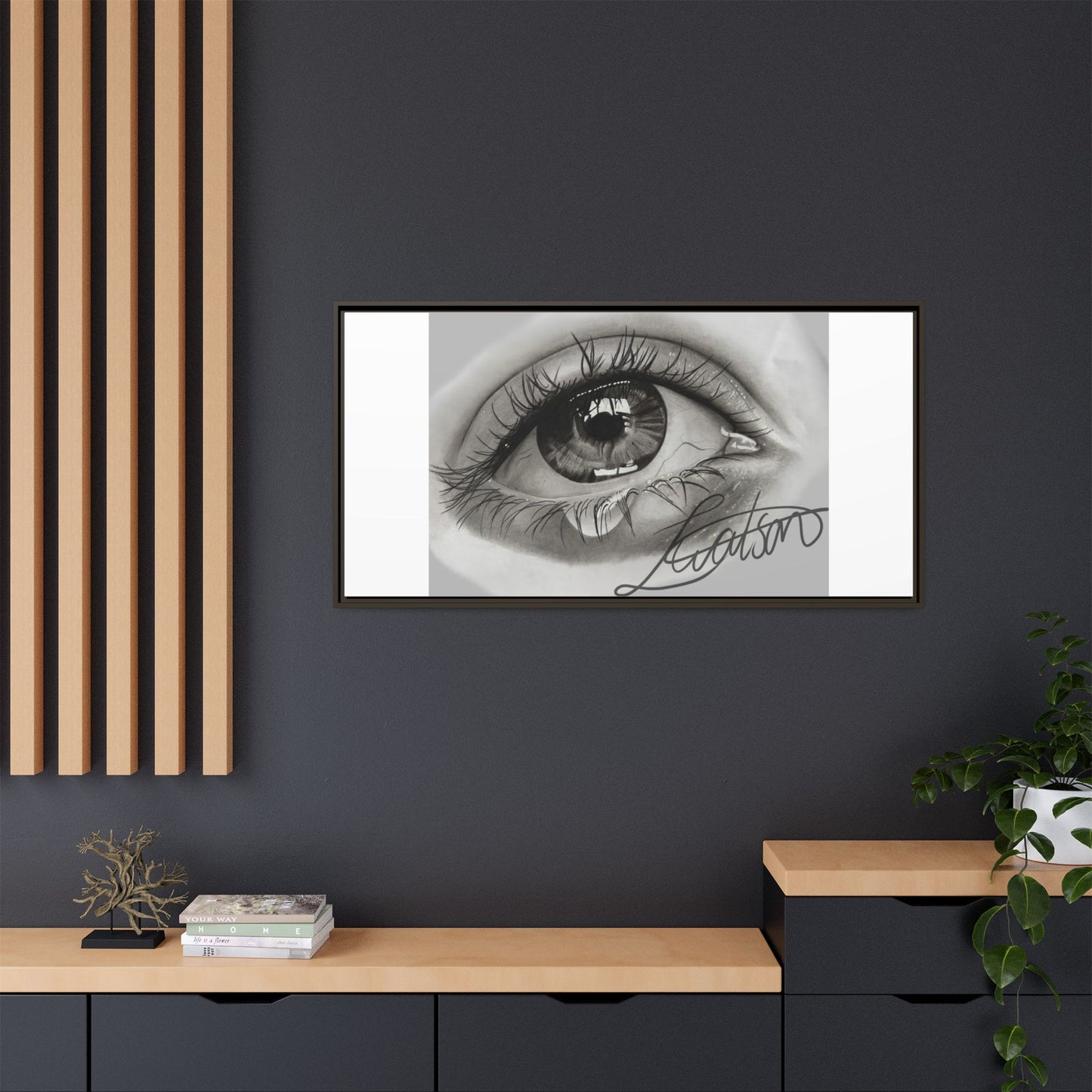 Gerahmte Leinwandkunst – Realistisches Auge mit tränenförmiger Signatur