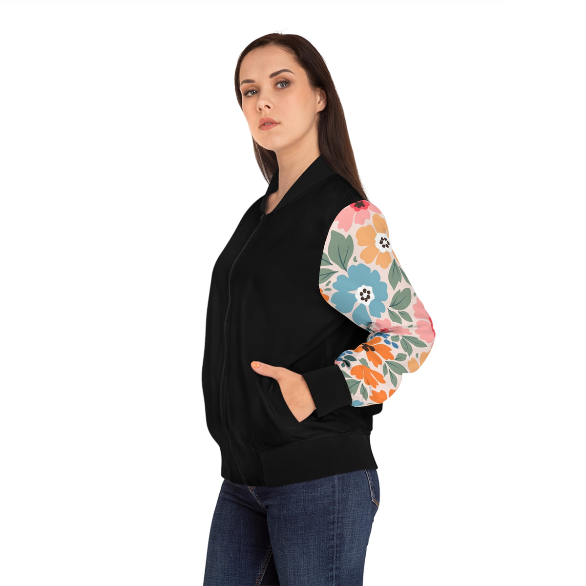 Floral Sleeve Women's Bomber Jacket - Pastel Garden Print