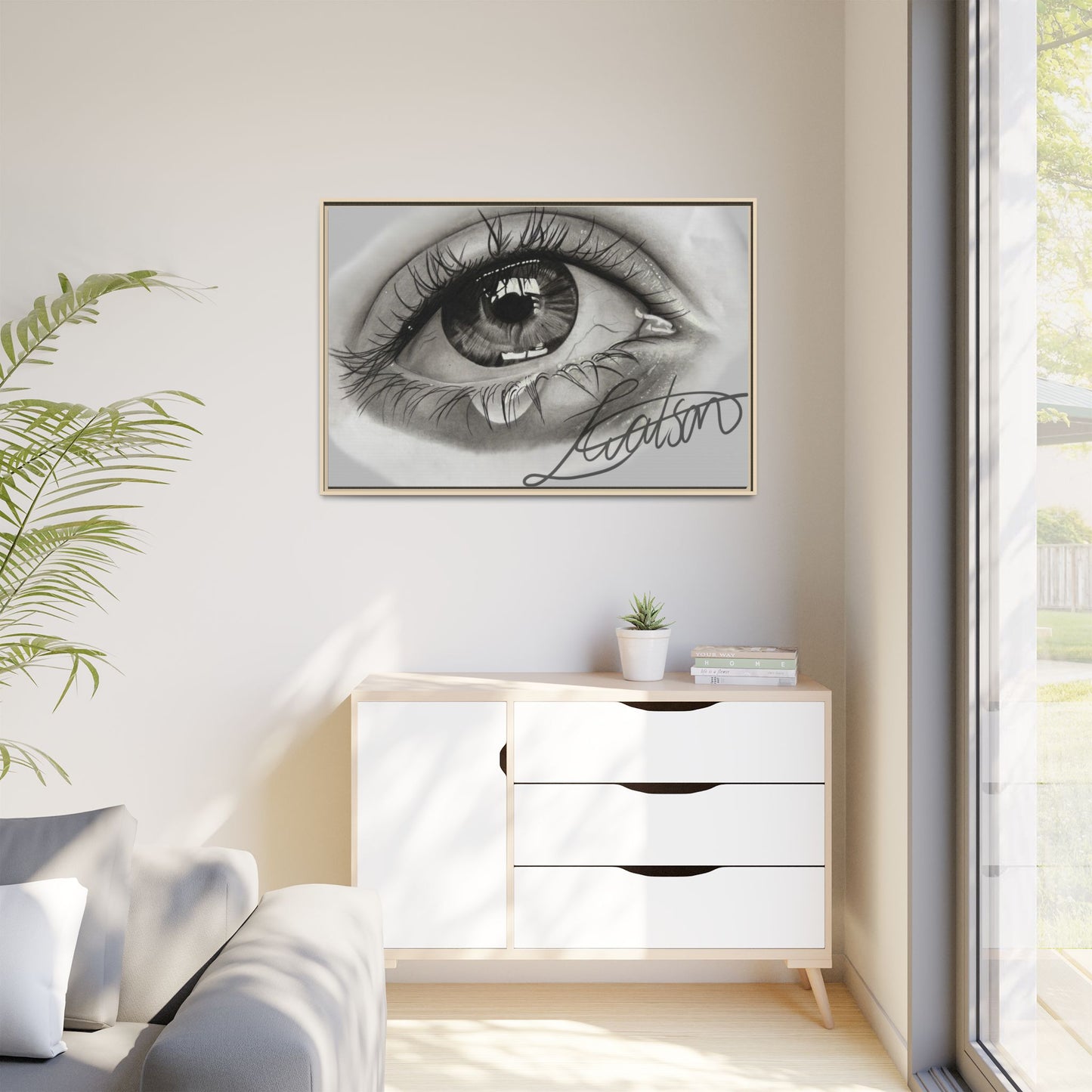 Gerahmte Leinwandkunst – Realistisches Auge mit tränenförmiger Signatur