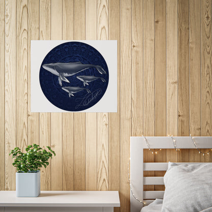 Whale Family Poster — Navy Mandala Ocean Art Print