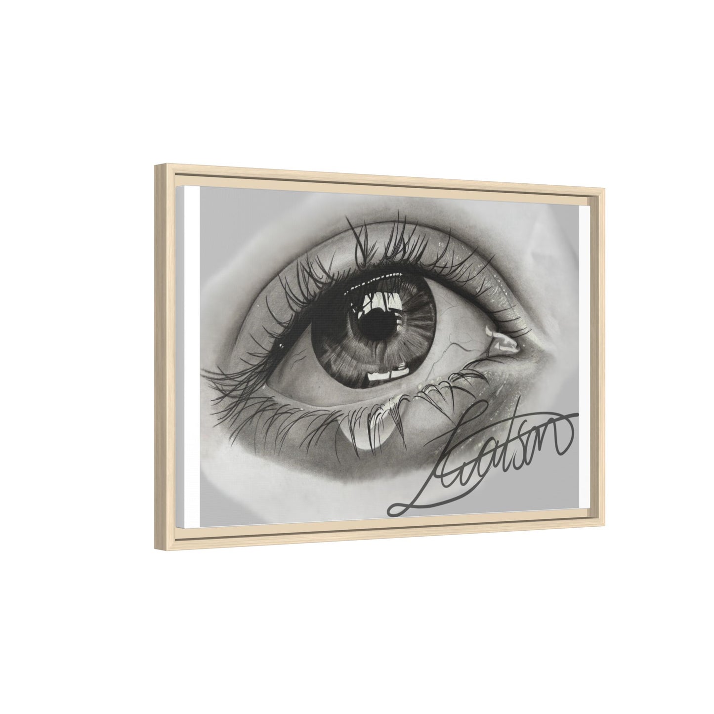 Gerahmte Leinwandkunst – Realistisches Auge mit tränenförmiger Signatur