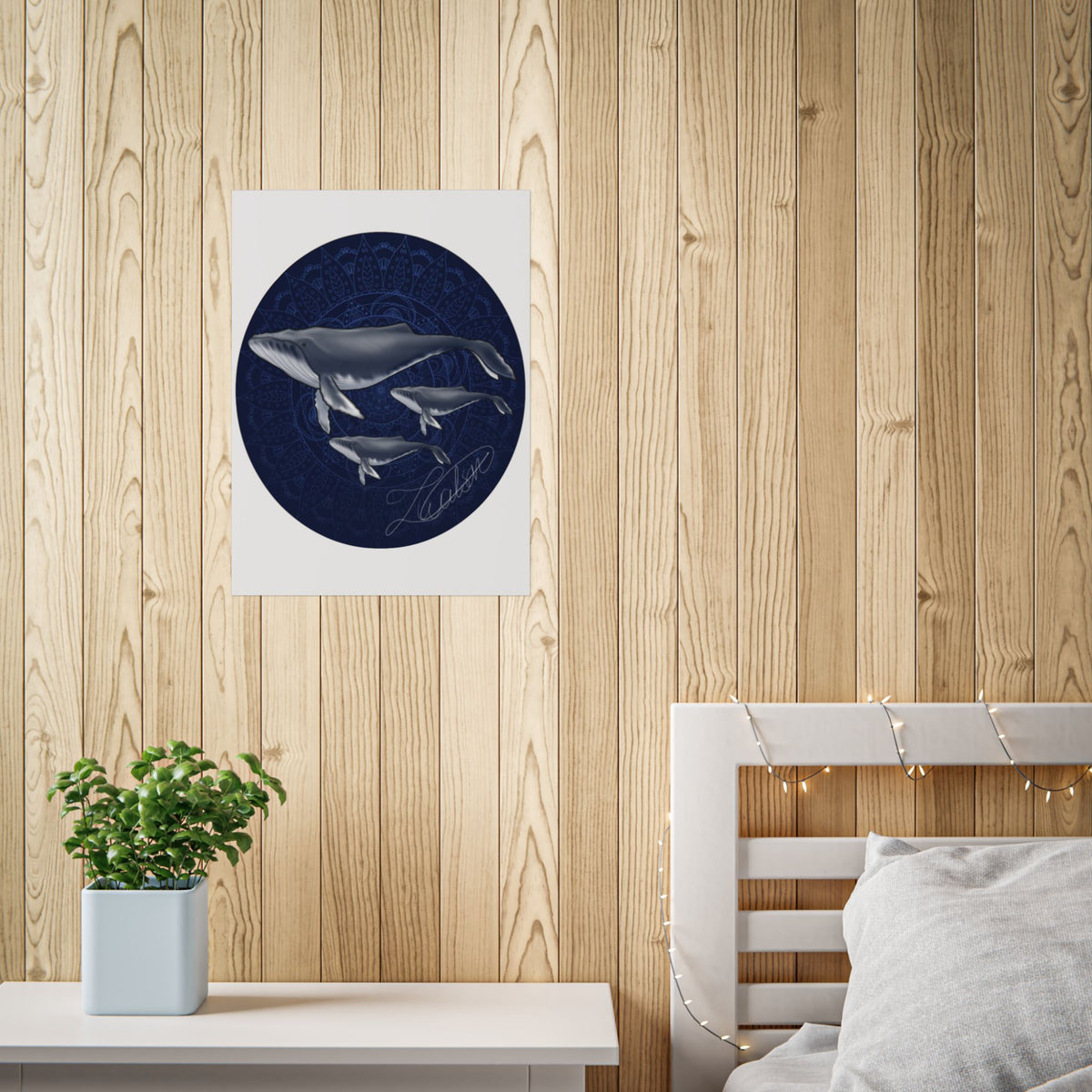 Whale Family Poster — Navy Mandala Ocean Art Print