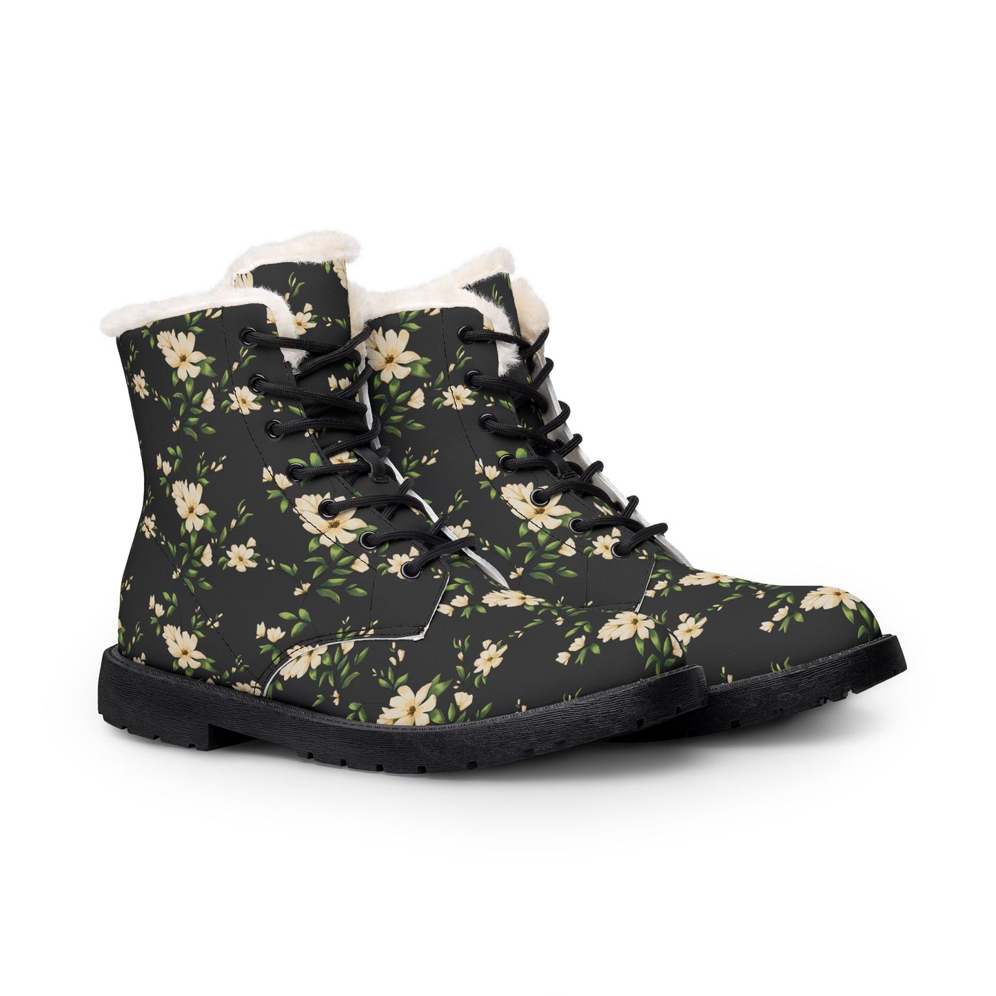 Floral Fur-Lined Leather Boots — Women's Winter Ankle Boots