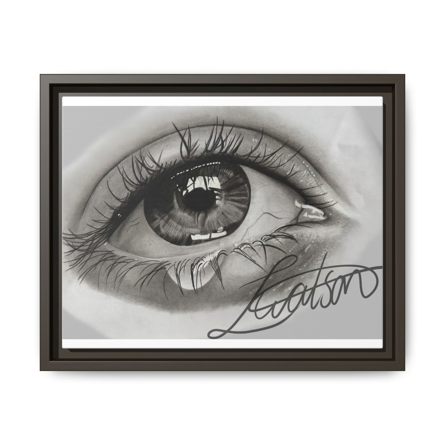 Gerahmte Leinwandkunst – Realistisches Auge mit tränenförmiger Signatur