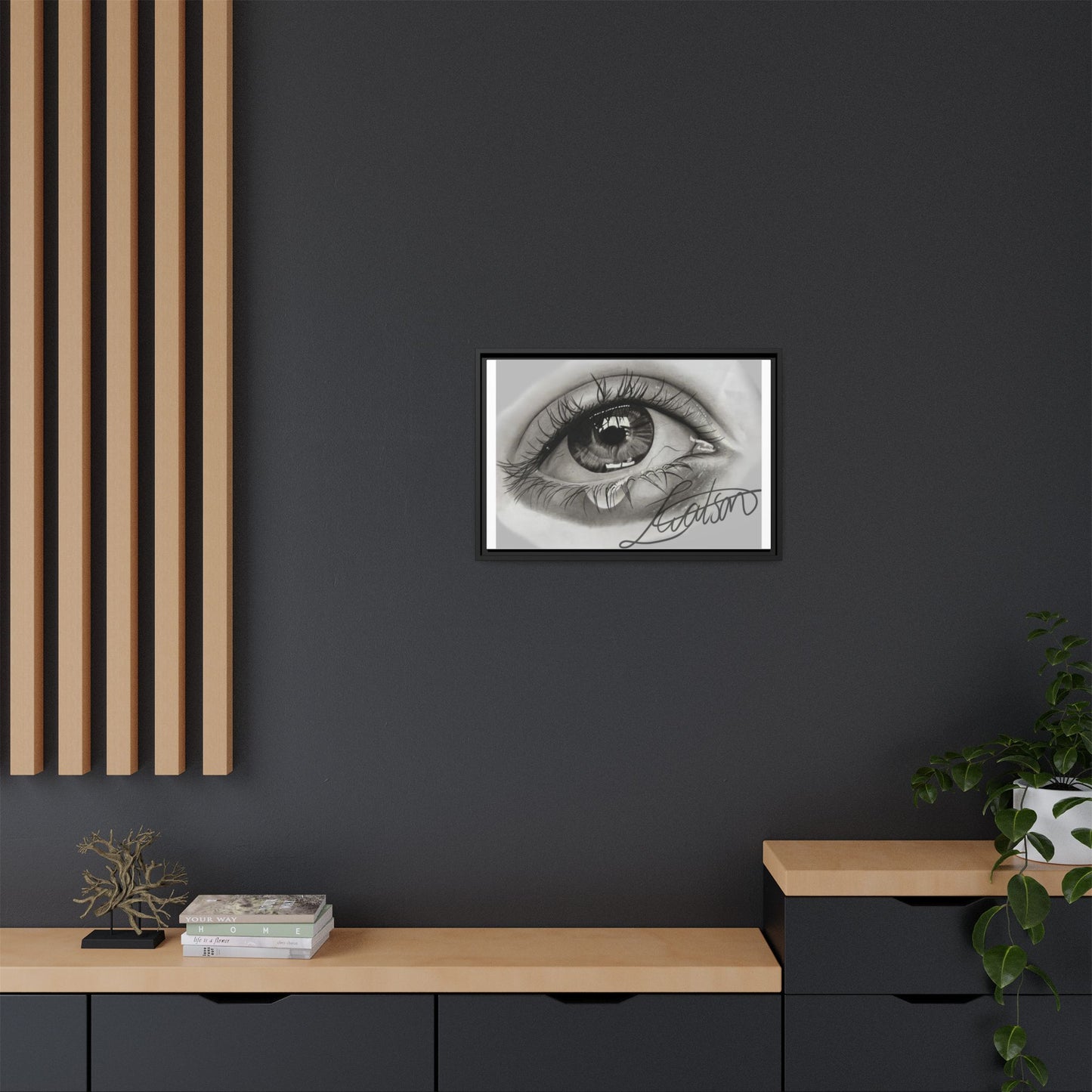 Gerahmte Leinwandkunst – Realistisches Auge mit tränenförmiger Signatur