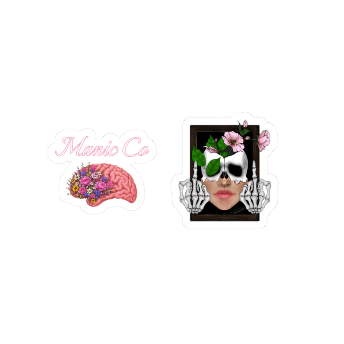 Blumen-Totenkopf- & Gehirn-Kiss-Cut-Aufkleber-Set — Ausgefallene gotische Blumen-Laptop-Aufkleber