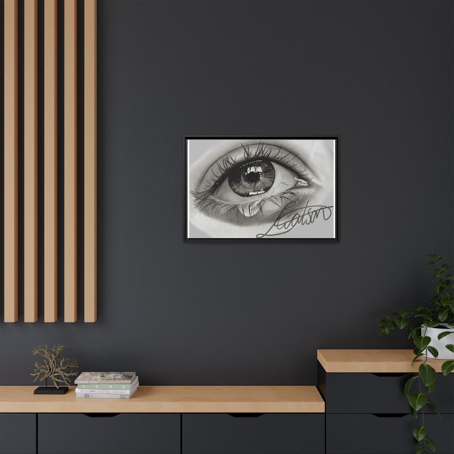 Gerahmte Leinwandkunst – Realistisches Auge mit tränenförmiger Signatur
