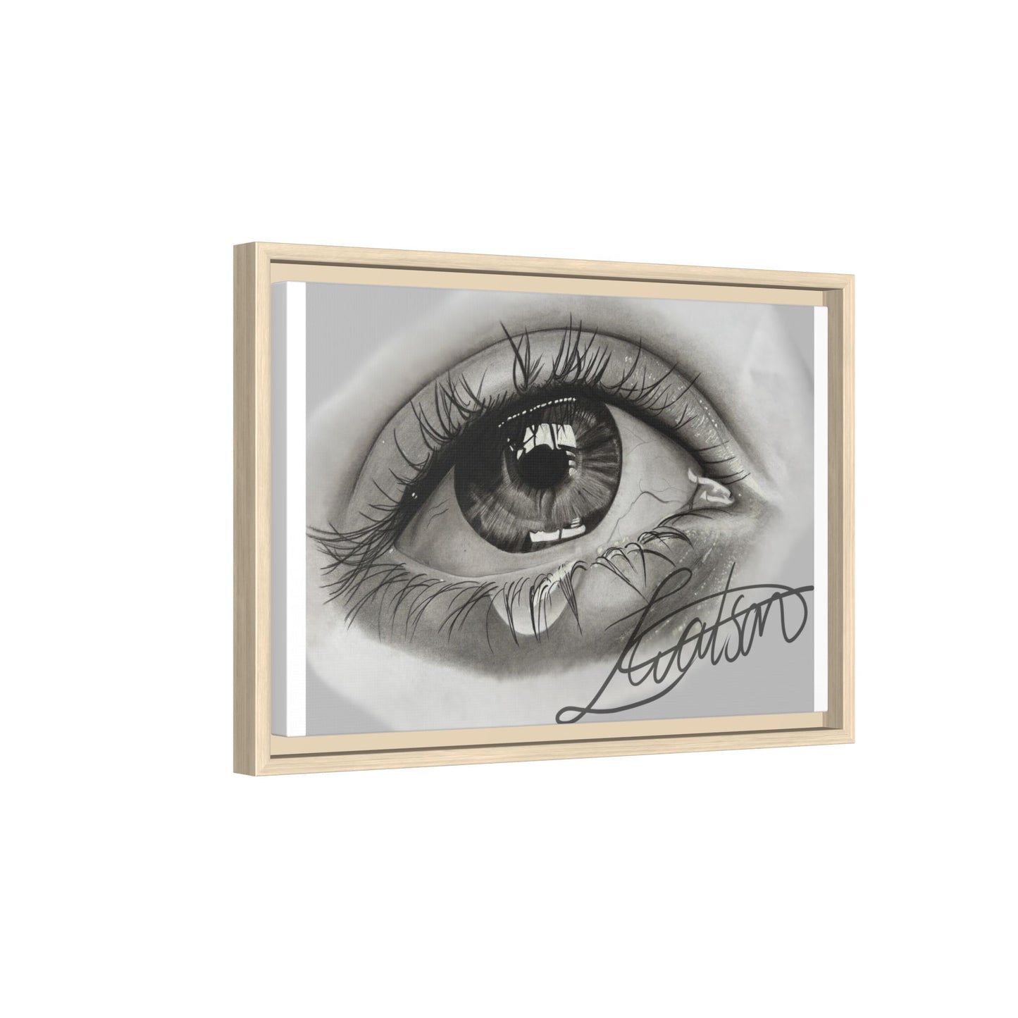 Gerahmte Leinwandkunst – Realistisches Auge mit tränenförmiger Signatur