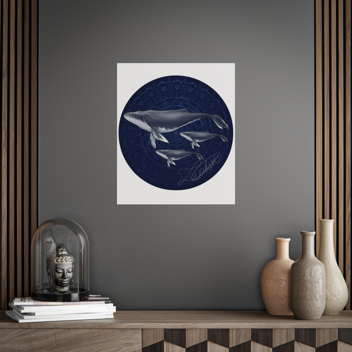 Whale Family Poster — Navy Mandala Ocean Art Print