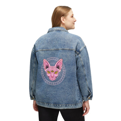 Women's Denim Jacket with Pink Sphynx Cat Patch