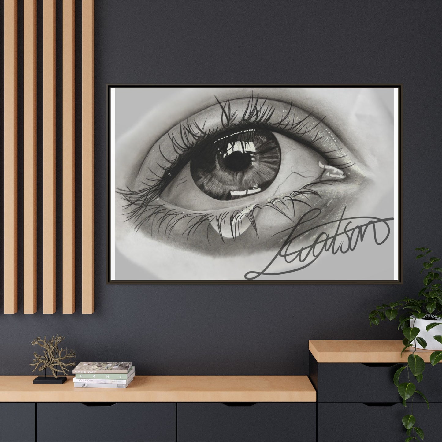 Gerahmte Leinwandkunst – Realistisches Auge mit tränenförmiger Signatur