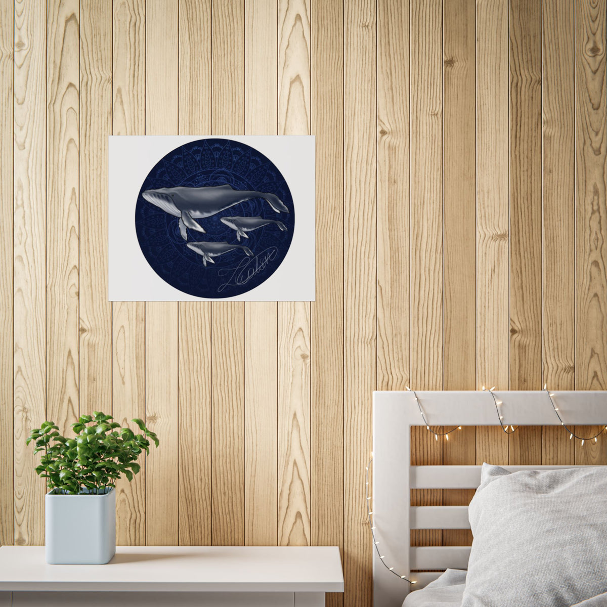 Whale Family Poster — Navy Mandala Ocean Art Print