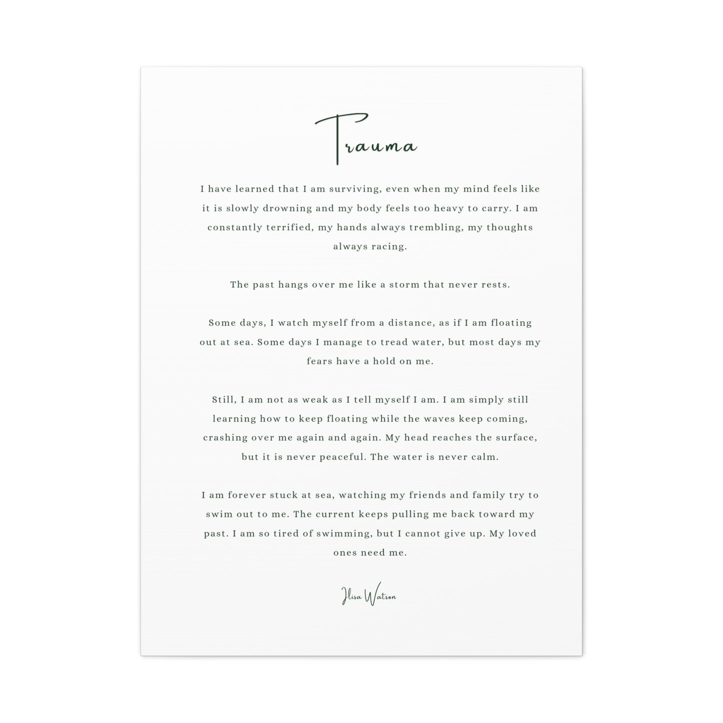 Trauma-Gedicht mattes Leinwandbild – aufgespannt, 3,18 cm Wandkunst