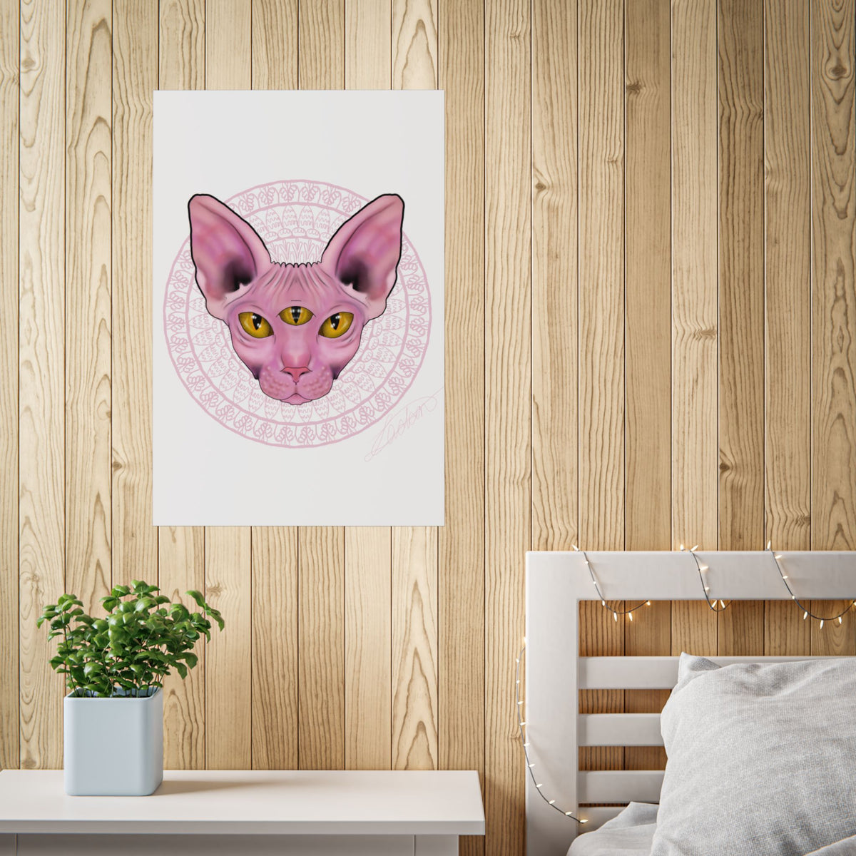 Pink Sphynx Cat Unframed Poster, Mystical Feline Wall Art