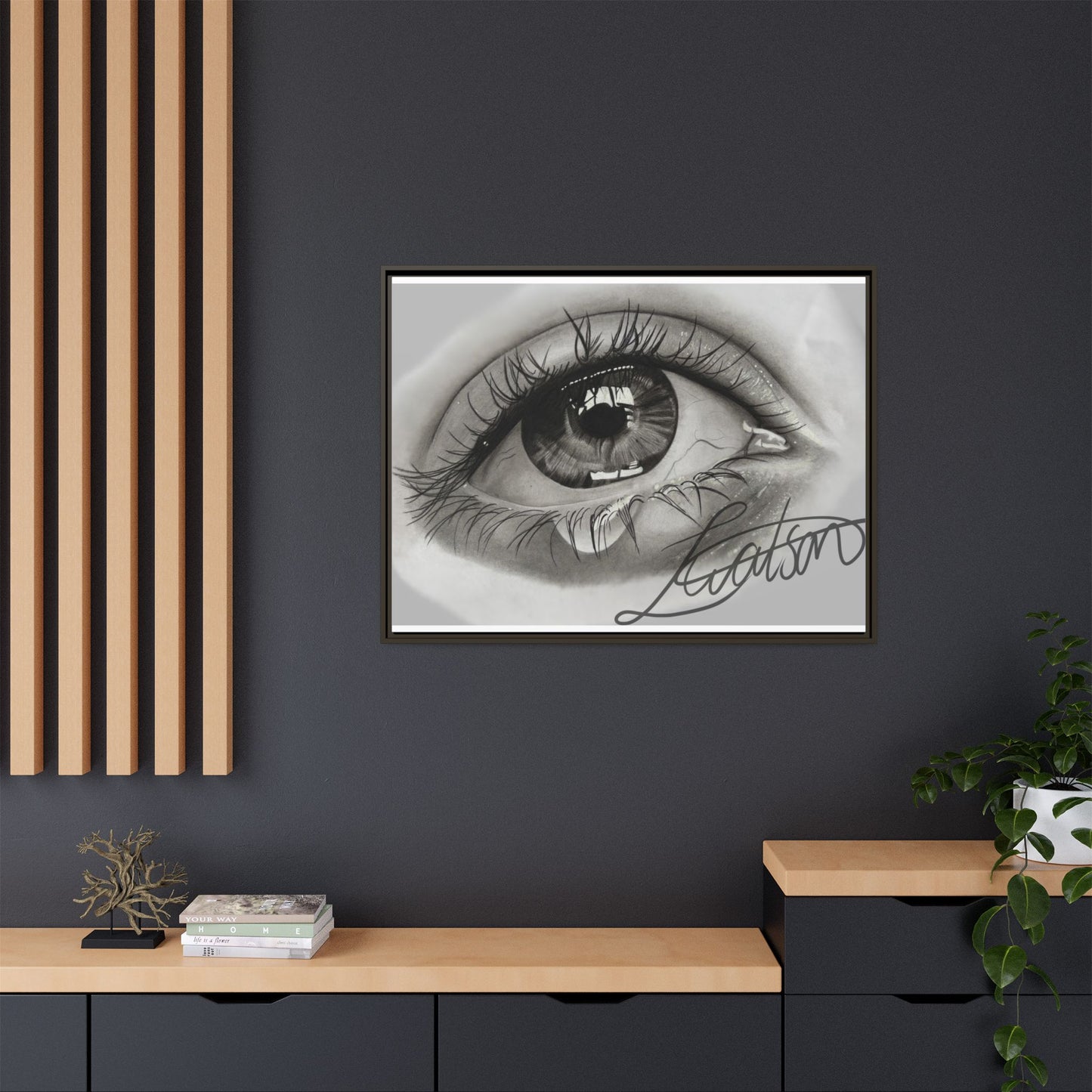 Gerahmte Leinwandkunst – Realistisches Auge mit tränenförmiger Signatur