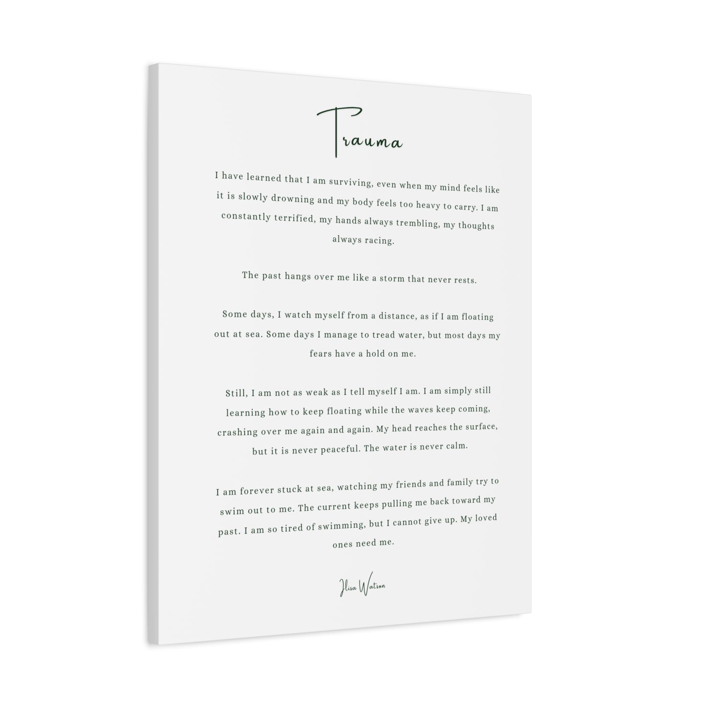 Trauma-Gedicht mattes Leinwandbild – aufgespannt, 3,18 cm Wandkunst