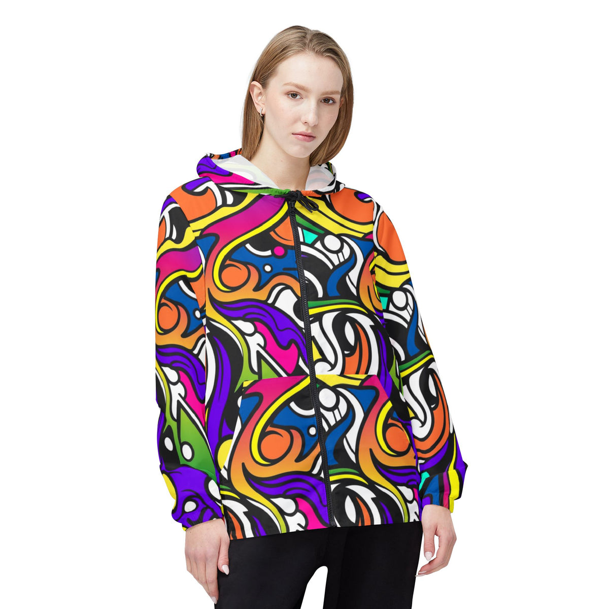 Colorful Doodle Print Windbreaker Jacket