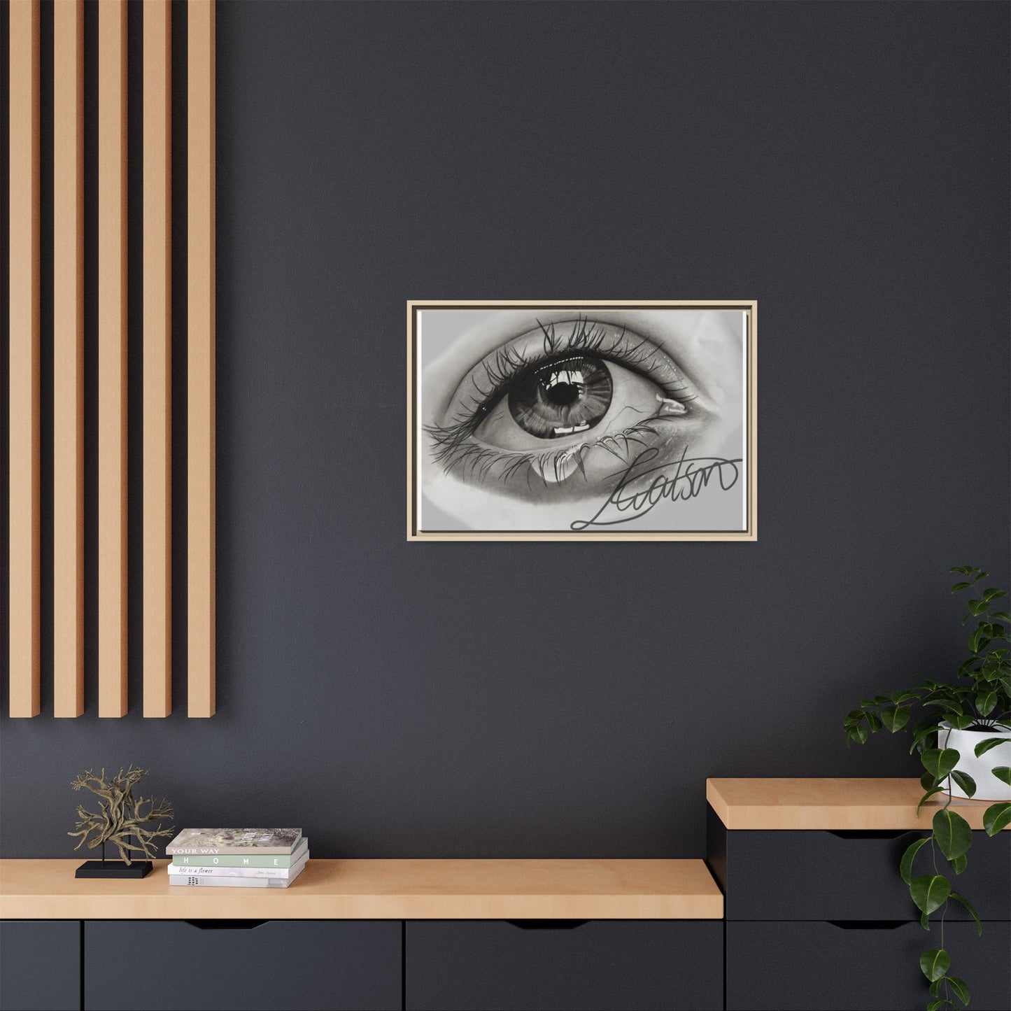 Gerahmte Leinwandkunst – Realistisches Auge mit tränenförmiger Signatur