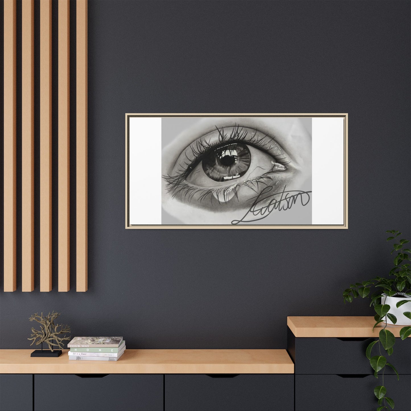 Gerahmte Leinwandkunst – Realistisches Auge mit tränenförmiger Signatur
