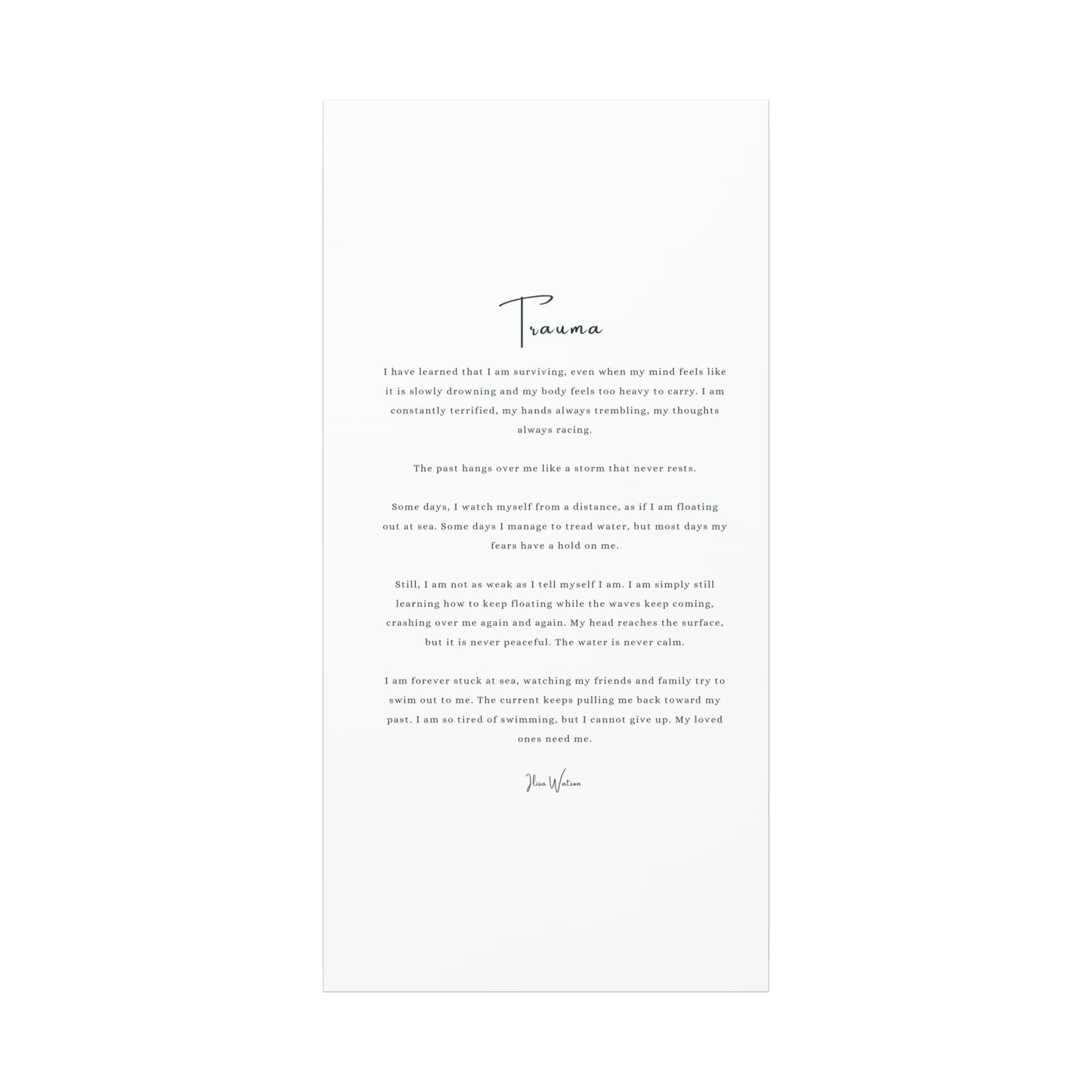 Trauma-Gedicht mattes Leinwandbild – aufgespannt, 3,18 cm Wandkunst