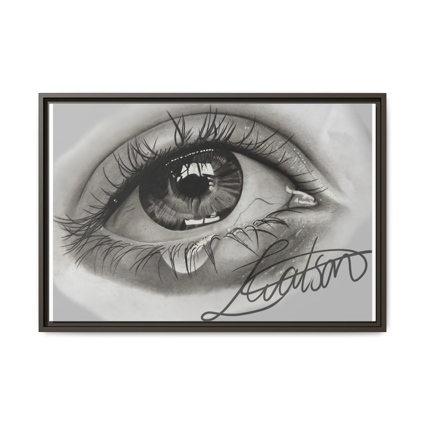 Gerahmte Leinwandkunst – Realistisches Auge mit tränenförmiger Signatur