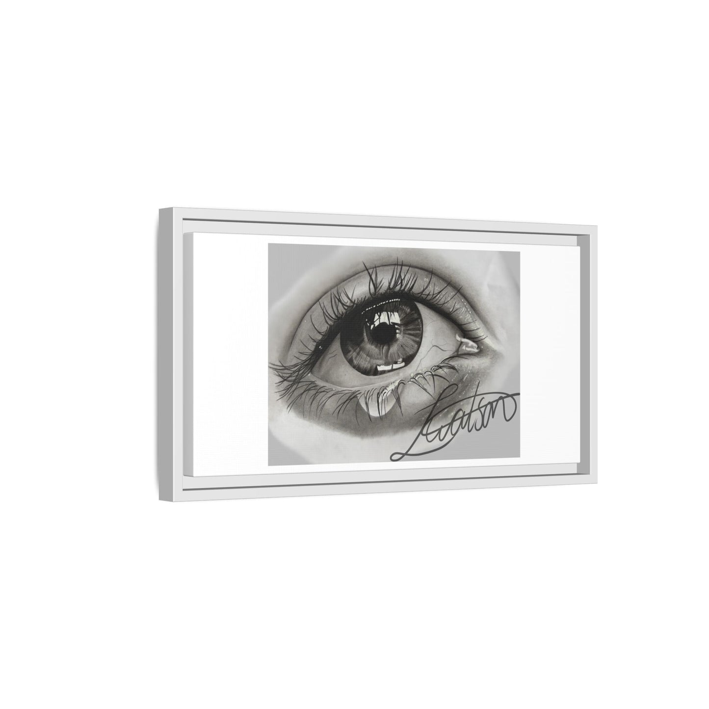 Gerahmte Leinwandkunst – Realistisches Auge mit tränenförmiger Signatur