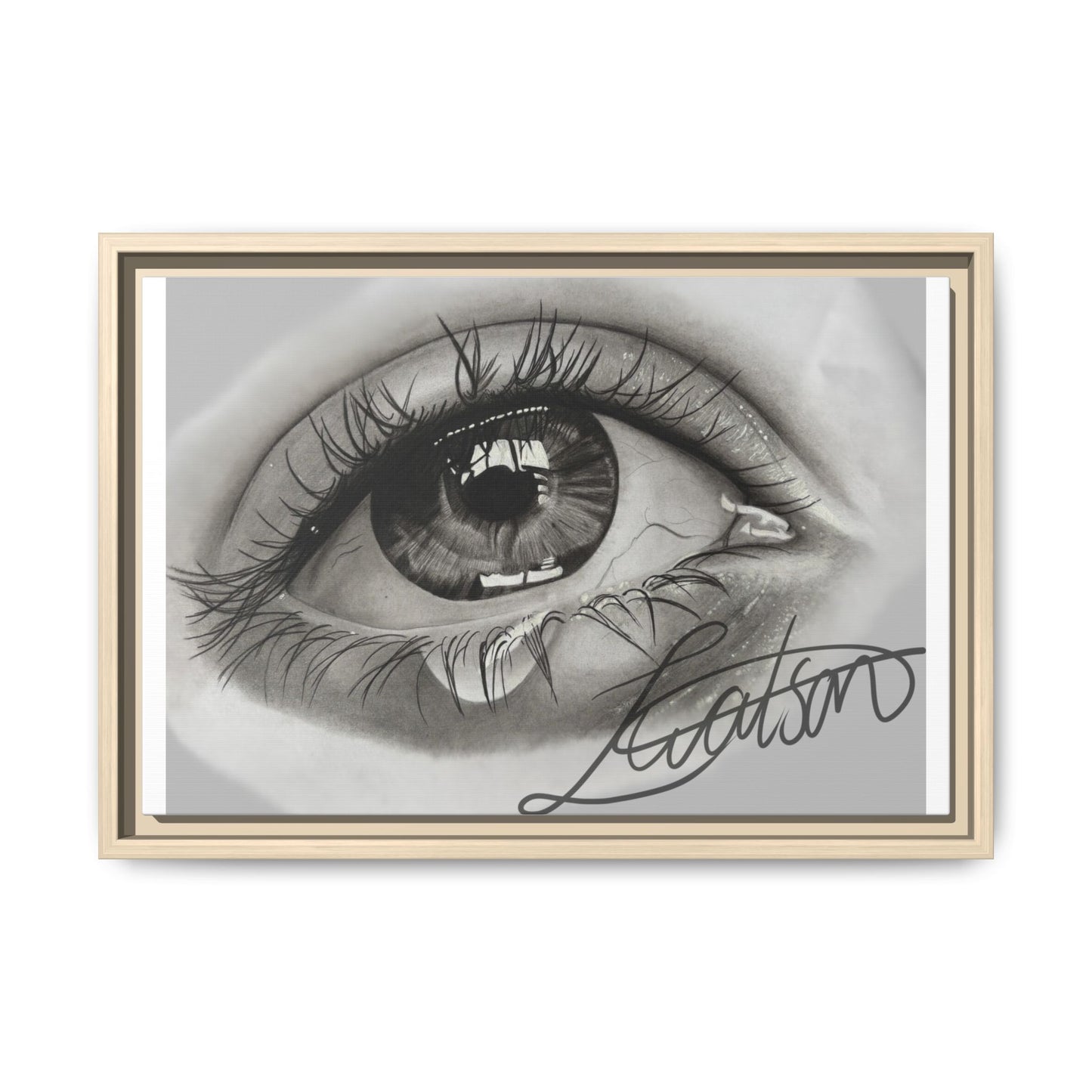 Gerahmte Leinwandkunst – Realistisches Auge mit tränenförmiger Signatur