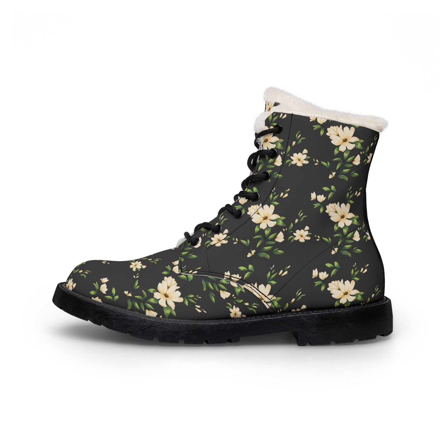 Floral Fur-Lined Leather Boots — Women's Winter Ankle Boots