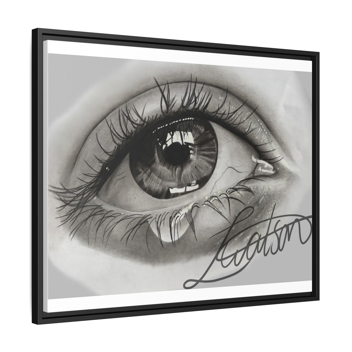 Gerahmte Leinwandkunst – Realistisches Auge mit tränenförmiger Signatur