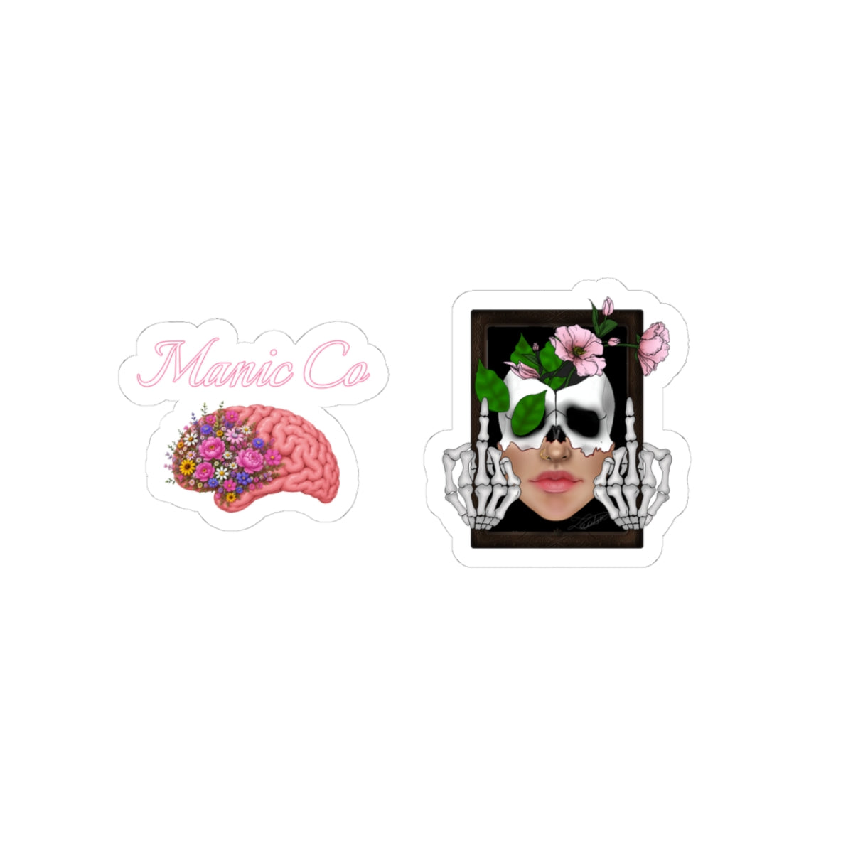 Blumen-Totenkopf- & Gehirn-Kiss-Cut-Aufkleber-Set — Ausgefallene gotische Blumen-Laptop-Aufkleber