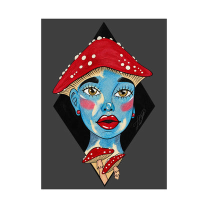 Shroom Girl art poster showing a blue-faced woman in a red mushroom cap against a dark geometric background