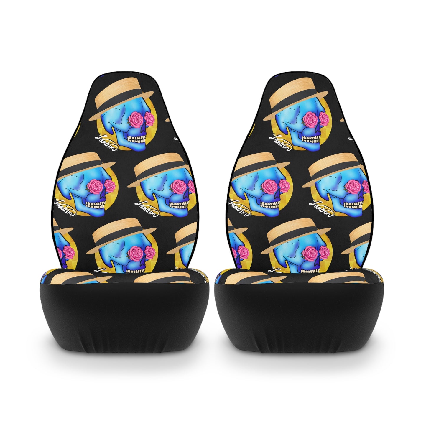 Skull & Straw Hat Car Seat Covers — Vibrant Day of the Dead Auto Protector