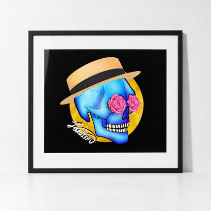 Colorful Day of the Dead Skull with Roses and Fedora Hat